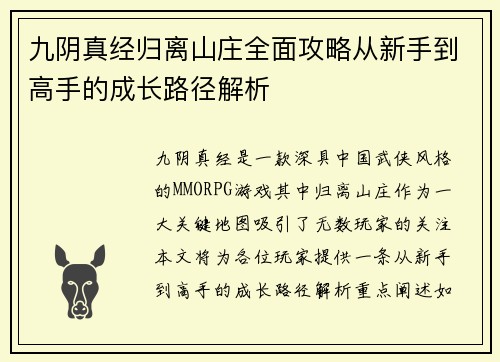 九阴真经归离山庄全面攻略从新手到高手的成长路径解析